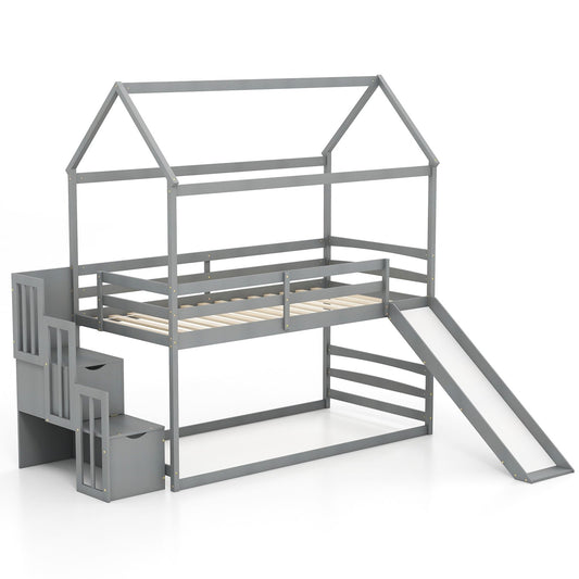 Twin over Twin Bunk Bed with Slide and 2-Step Storage Staircase, Gray - Gallery Canada