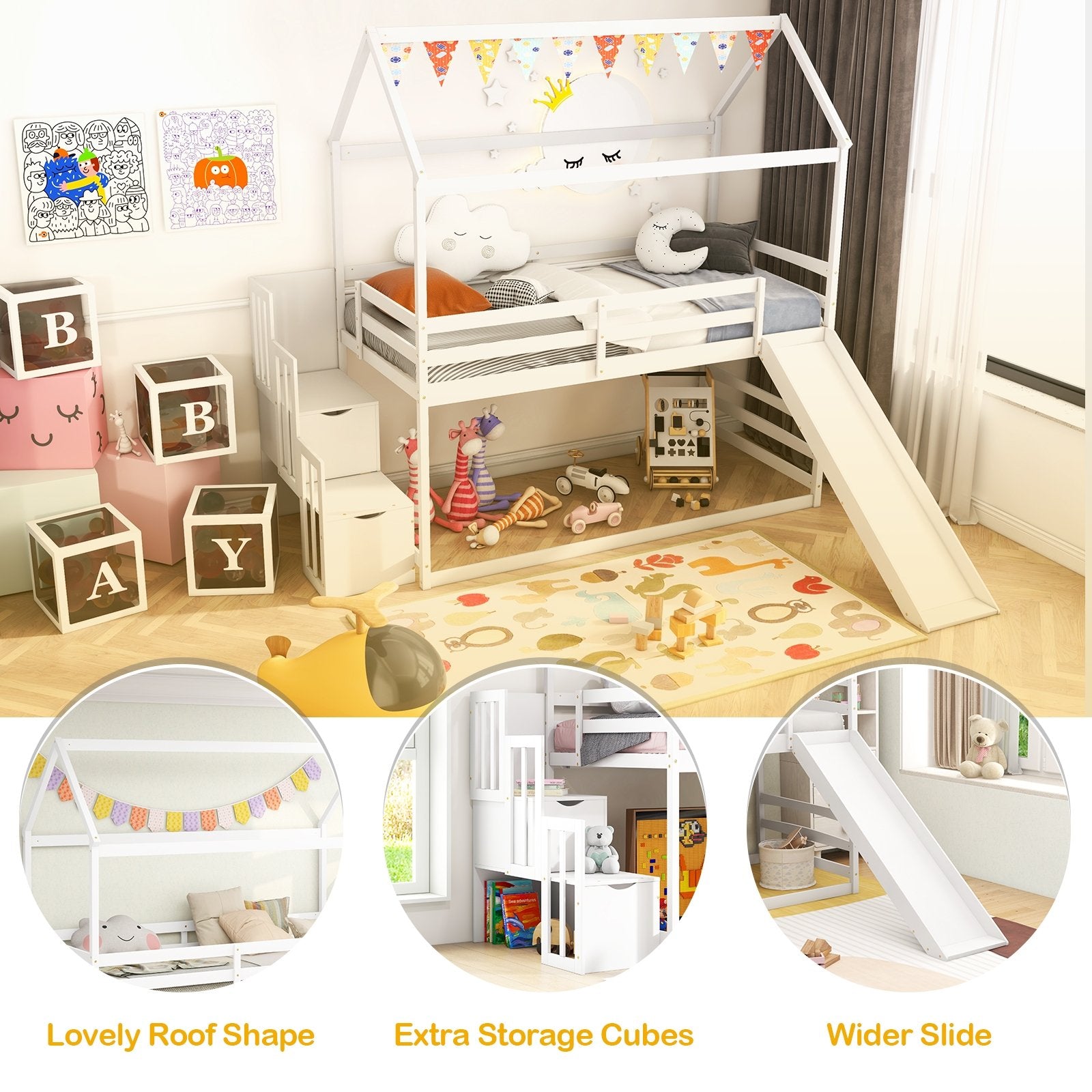 Twin over Twin Bunk Bed with Slide and 2-Step Storage Staircase, White - Gallery Canada