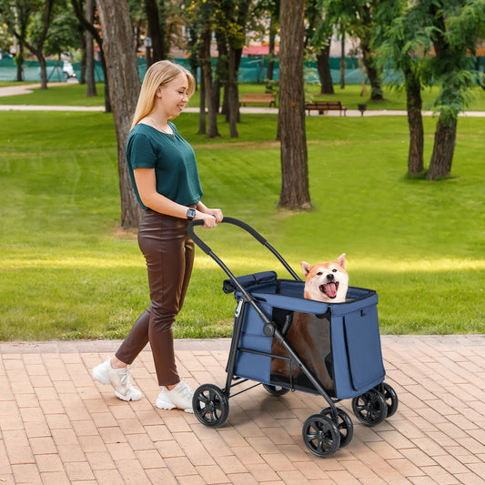 Folding Pet Stroller for Small and Medium Pets with Breathable Mesh andx One-Button Foldable, Blue - Gallery Canada