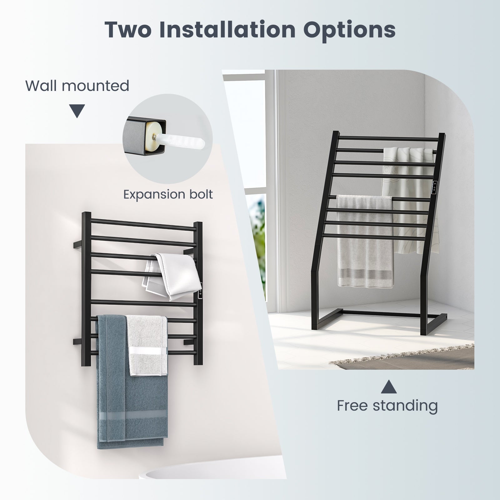 8 Bars Freestanding Wall Mounted Towel Warmer Rack with LED Display, Black Towel Racks at Gallery Canada