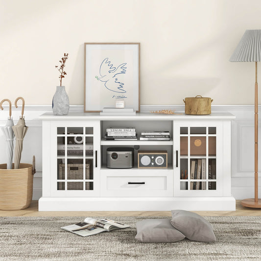 TV Stand for TVs up to 70 with Glass Doors Cubbies and Drawer, White Entertainment Centers & TV Stands White at Gallery Canada