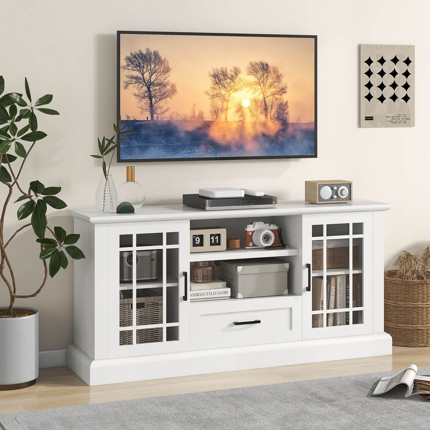 TV Stand for TVs up to 70 with Glass Doors Cubbies and Drawer, White Entertainment Centers & TV Stands at Gallery Canada
