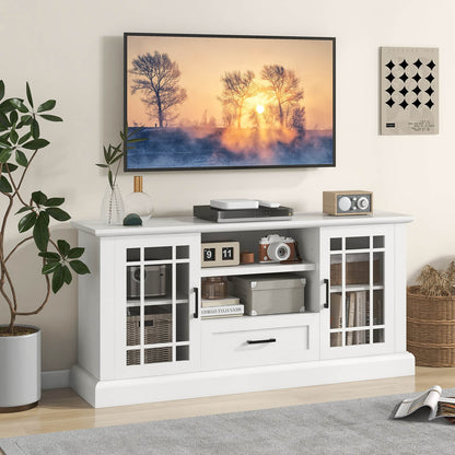 TV Stand for TVs up to 70 with Glass Doors Cubbies and Drawer, White Entertainment Centers & TV Stands at Gallery Canada