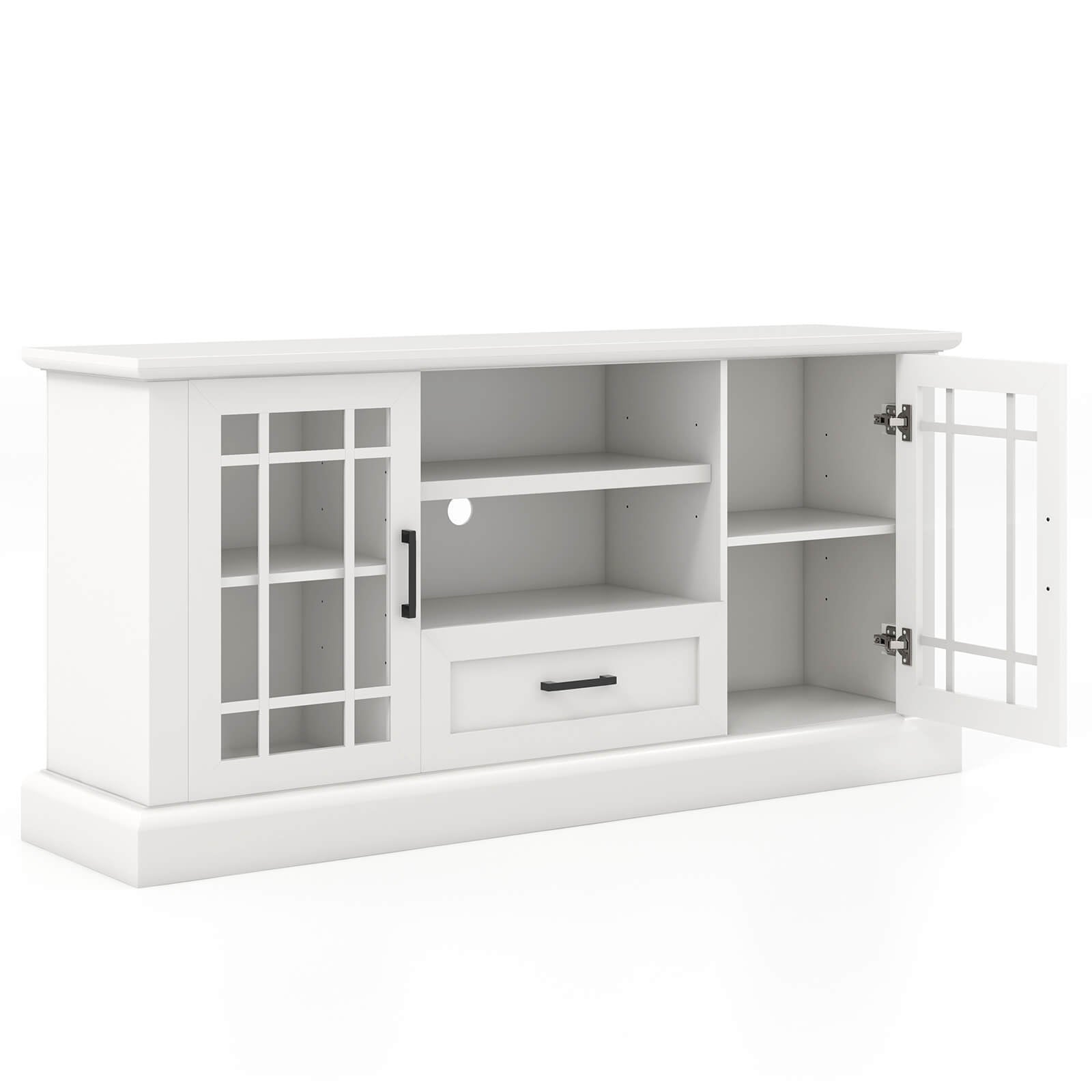 TV Stand for TVs up to 70 with Glass Doors Cubbies and Drawer, White Entertainment Centers & TV Stands White at Gallery Canada