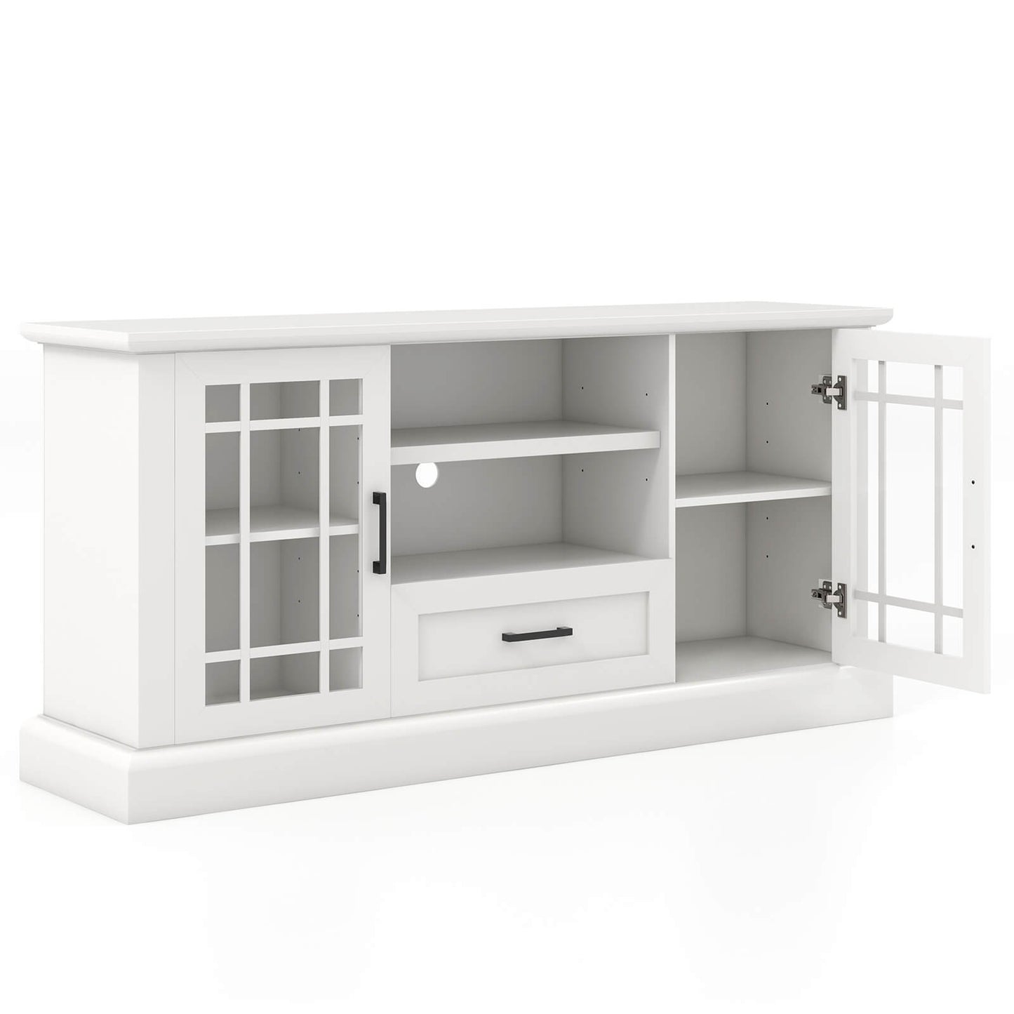 TV Stand for TVs up to 70 with Glass Doors Cubbies and Drawer, White Entertainment Centers & TV Stands at Gallery Canada