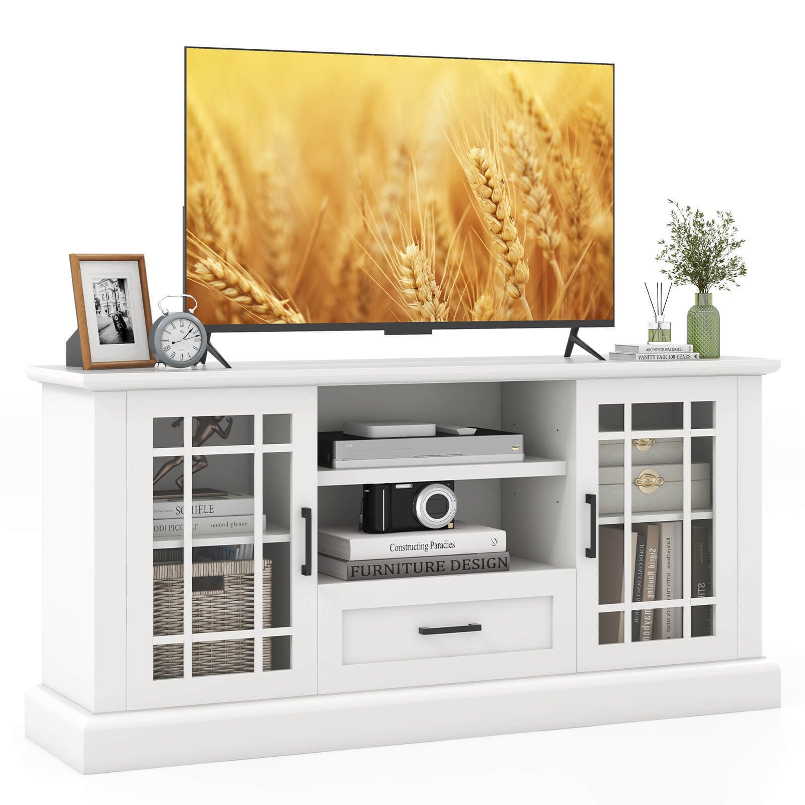 TV Stand for TVs up to 70 with Glass Doors Cubbies and Drawer, White Entertainment Centers & TV Stands at Gallery Canada