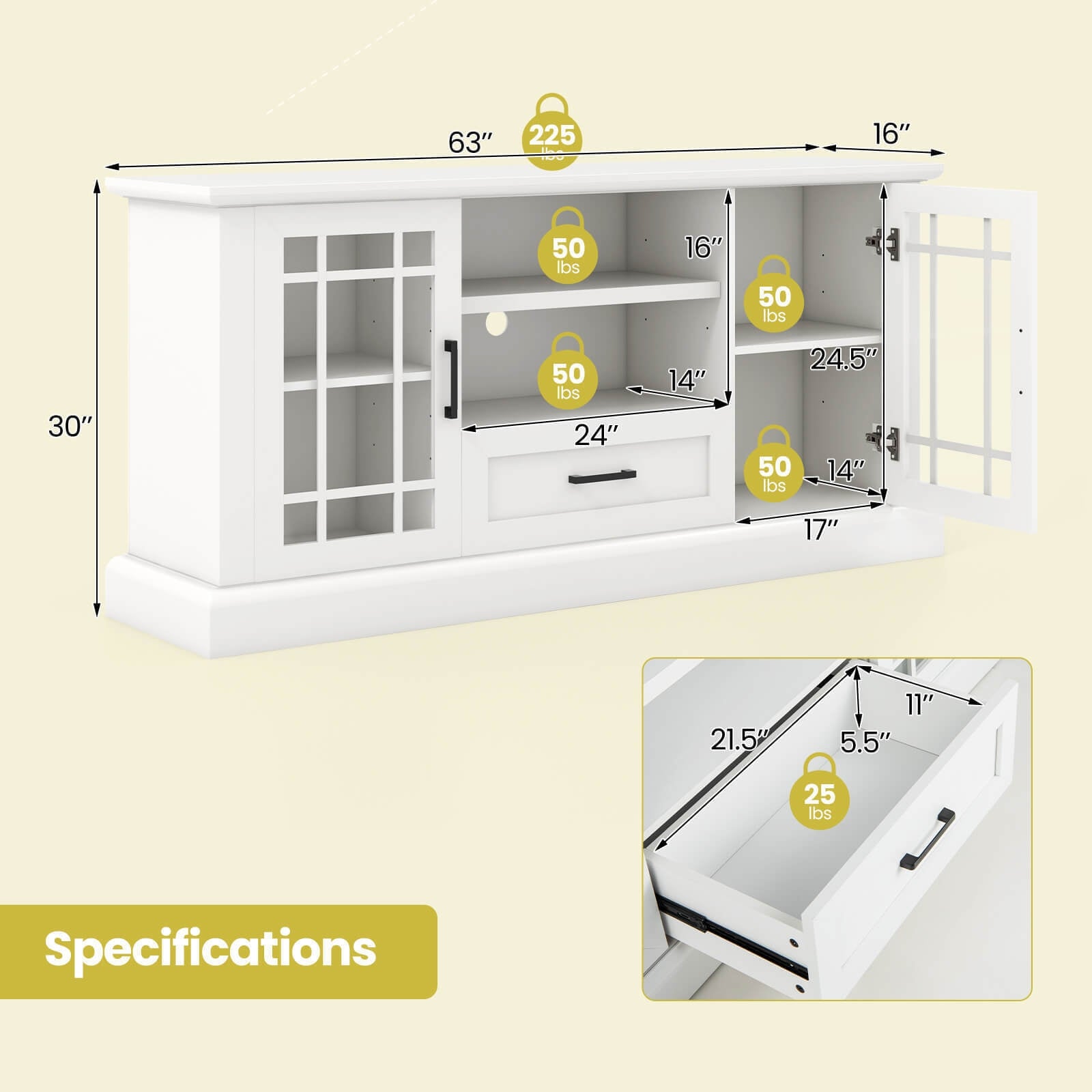 TV Stand for TVs up to 70 with Glass Doors Cubbies and Drawer, White Entertainment Centers & TV Stands at Gallery Canada