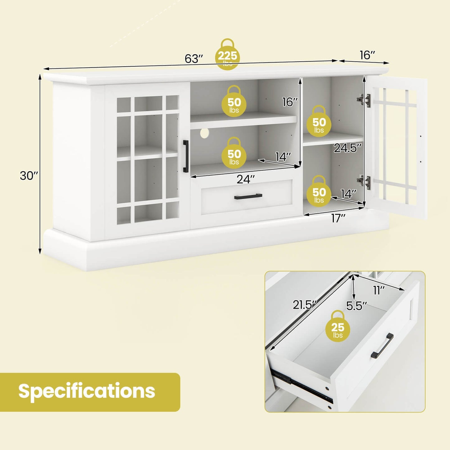 TV Stand for TVs up to 70 with Glass Doors Cubbies and Drawer, White Entertainment Centers & TV Stands at Gallery Canada