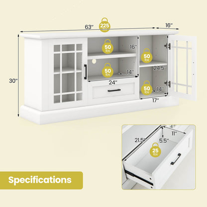 TV Stand for TVs up to 70 with Glass Doors Cubbies and Drawer, White Entertainment Centers & TV Stands at Gallery Canada