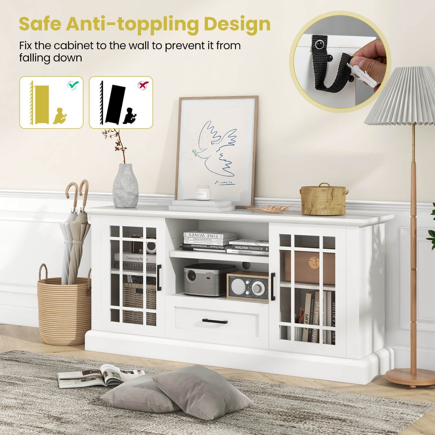 TV Stand for TVs up to 70 with Glass Doors Cubbies and Drawer, White Entertainment Centers & TV Stands at Gallery Canada