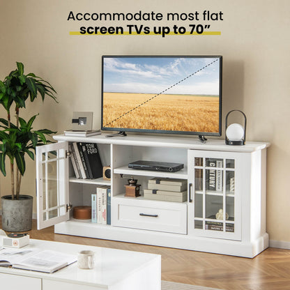 TV Stand for TVs up to 70 with Glass Doors Cubbies and Drawer, White Entertainment Centers & TV Stands at Gallery Canada