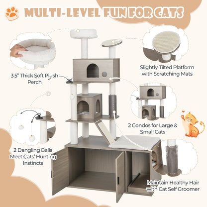 Cat Tree with Litter Box Enclosure for Indoor Cars, Gray