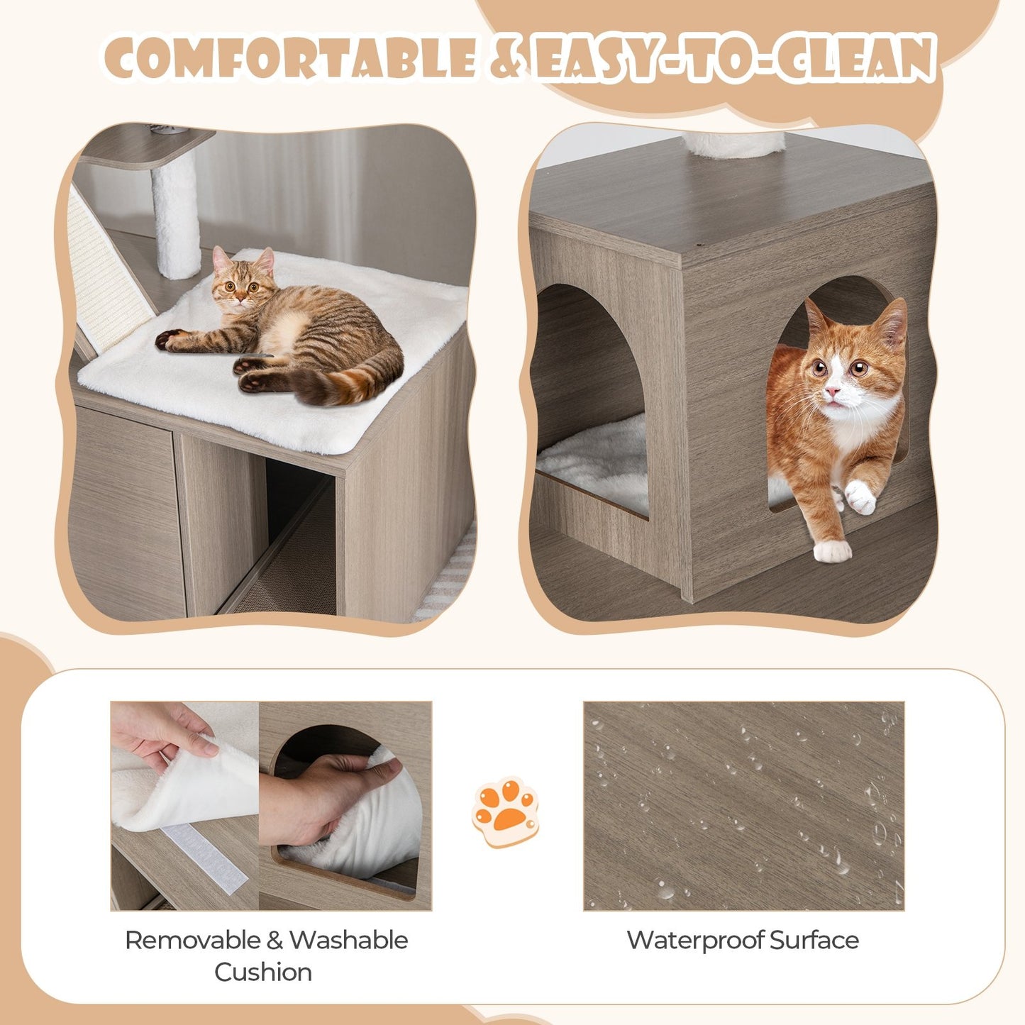 Cat Tree with Litter Box Enclosure for Indoor Cars, Gray