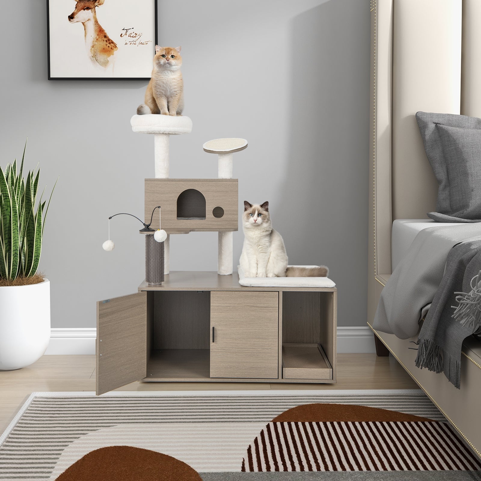 2-in-1 Modern Cat Tower with Litter Box Enclosure for Indoor Cars, Gray Cat Trees Condos & Scratchers at Gallery Canada
