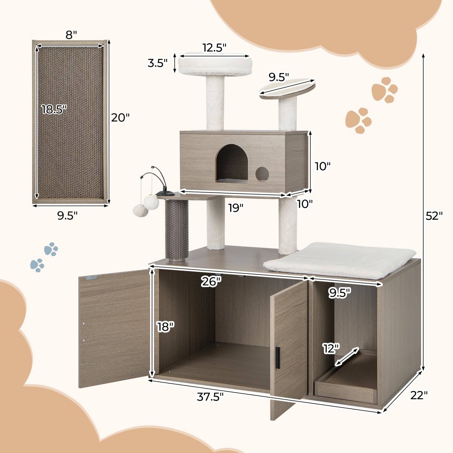2-in-1 Modern Cat Tower with Litter Box Enclosure for Indoor Cars, Gray Cat Trees Condos & Scratchers at Gallery Canada