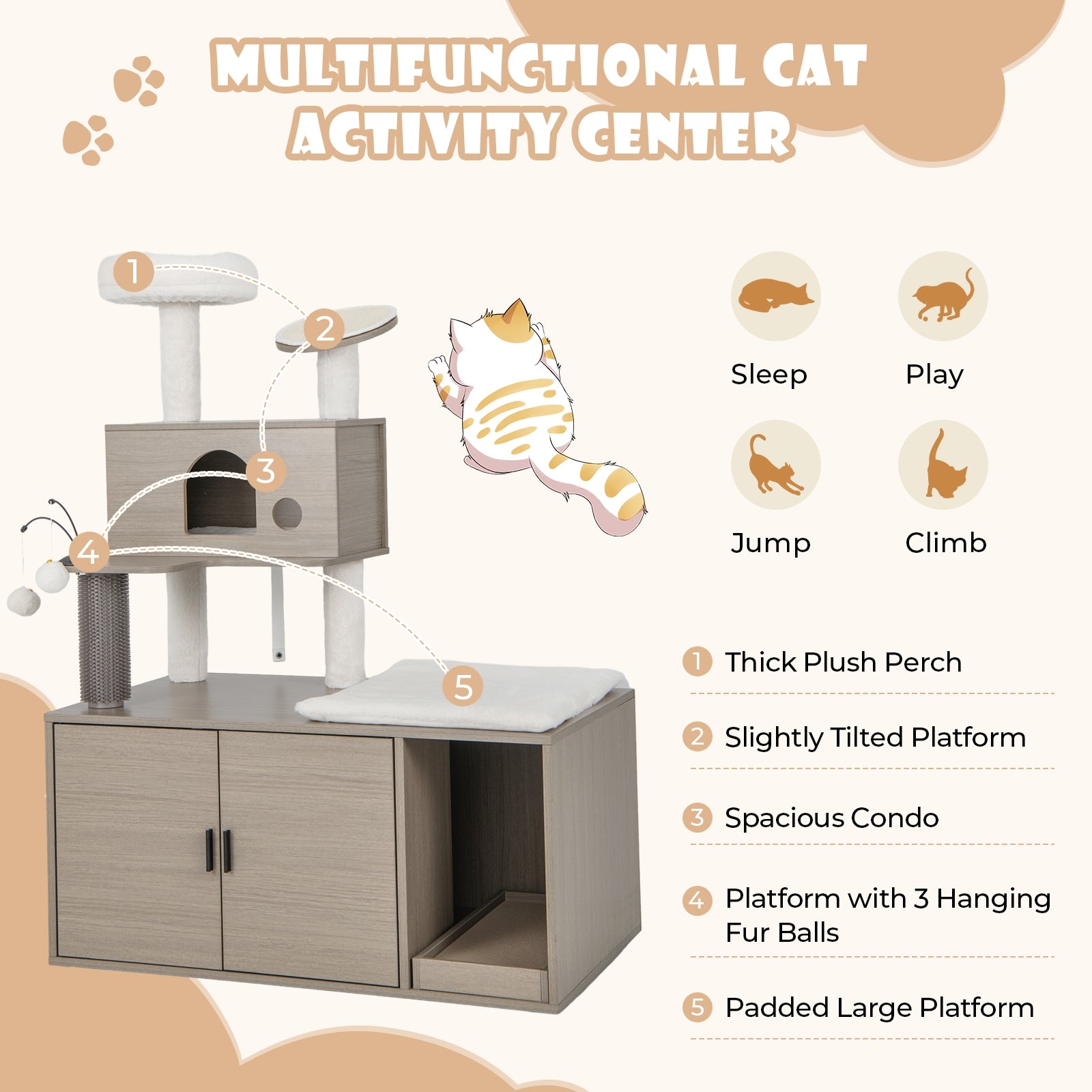 2-in-1 Modern Cat Tower with Litter Box Enclosure for Indoor Cars, Gray Cat Trees Condos & Scratchers at Gallery Canada