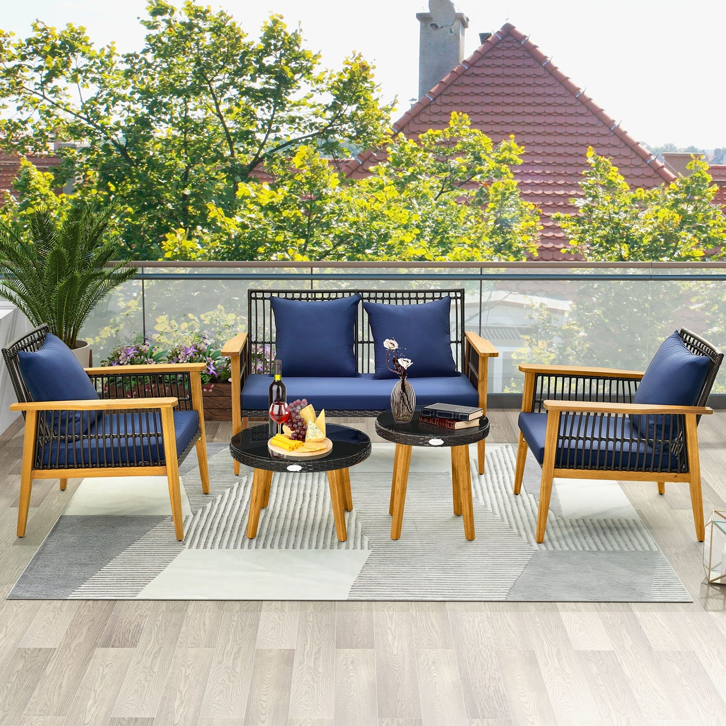 5 Piece Outdoor Conversation Set with 2 Coffee Tables for Backyard Poolside, Navy Patio Conversation Sets at Gallery Canada