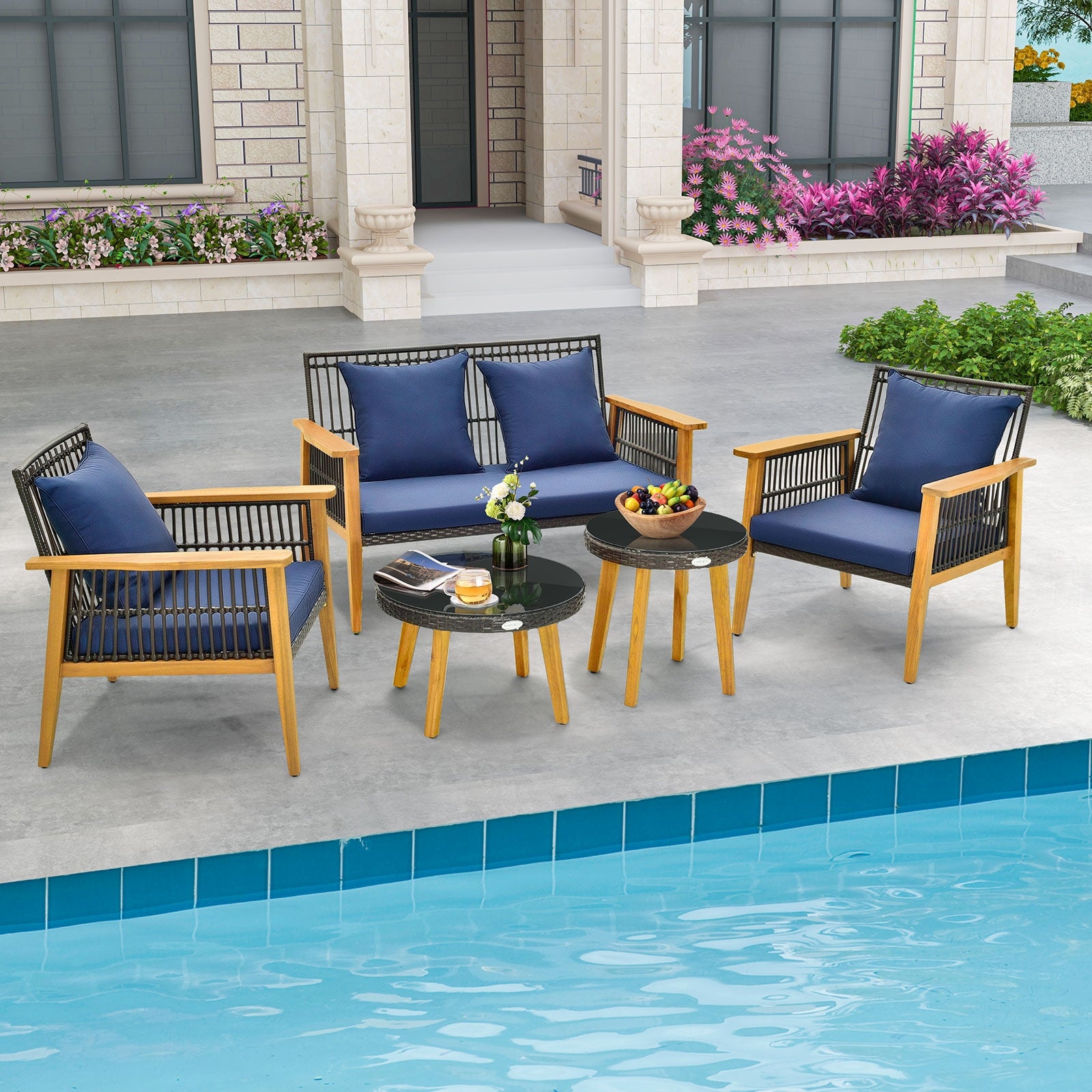 5 Piece Outdoor Conversation Set with 2 Coffee Tables for Backyard Poolside, Navy Patio Conversation Sets at Gallery Canada