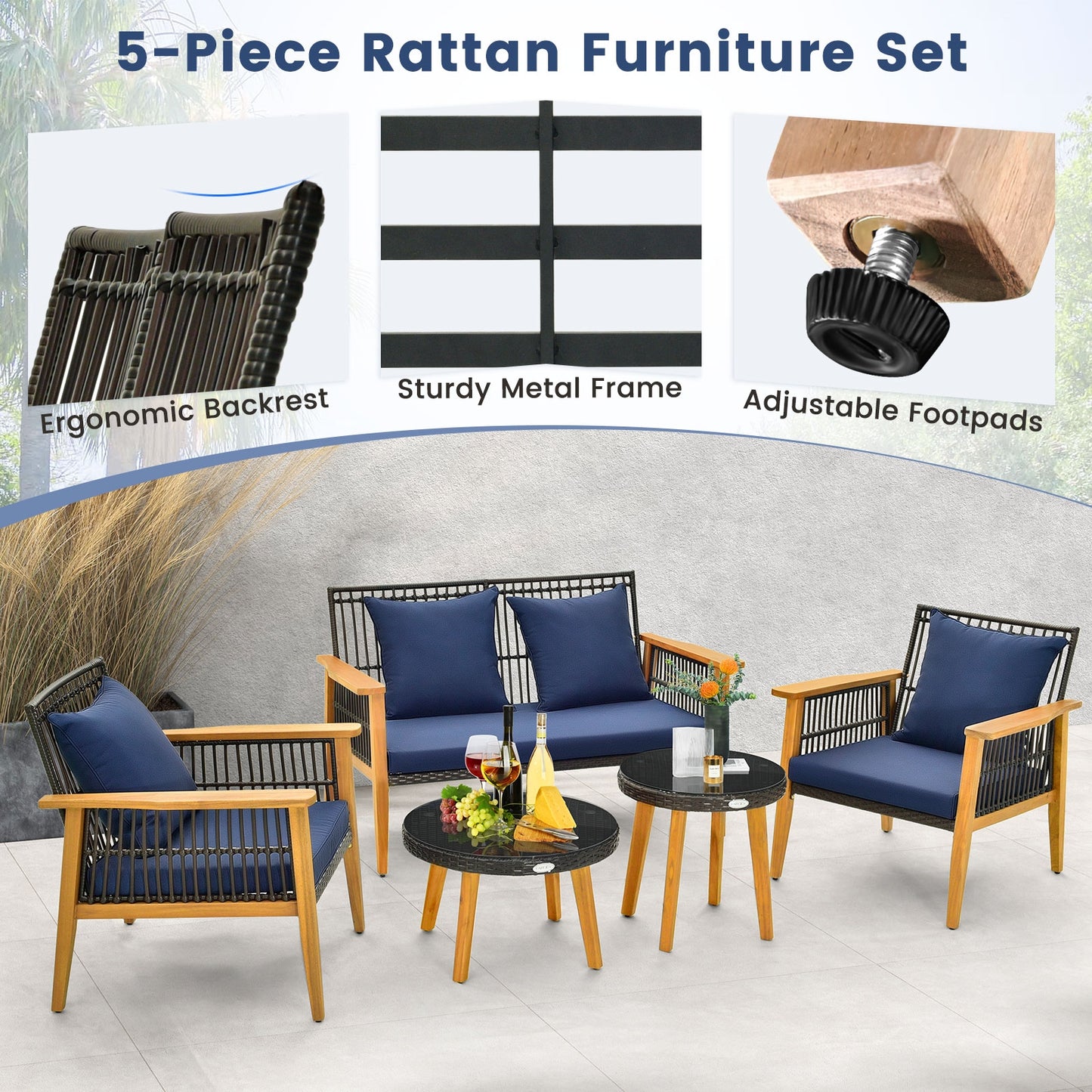 5 Piece Outdoor Conversation Set with 2 Coffee Tables for Backyard Poolside, Navy Patio Conversation Sets at Gallery Canada