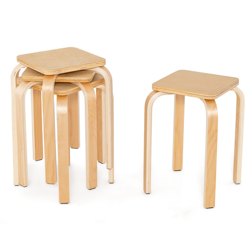 Stackable Stools Set Of 4, Square Top, Rounded Corners, Natural