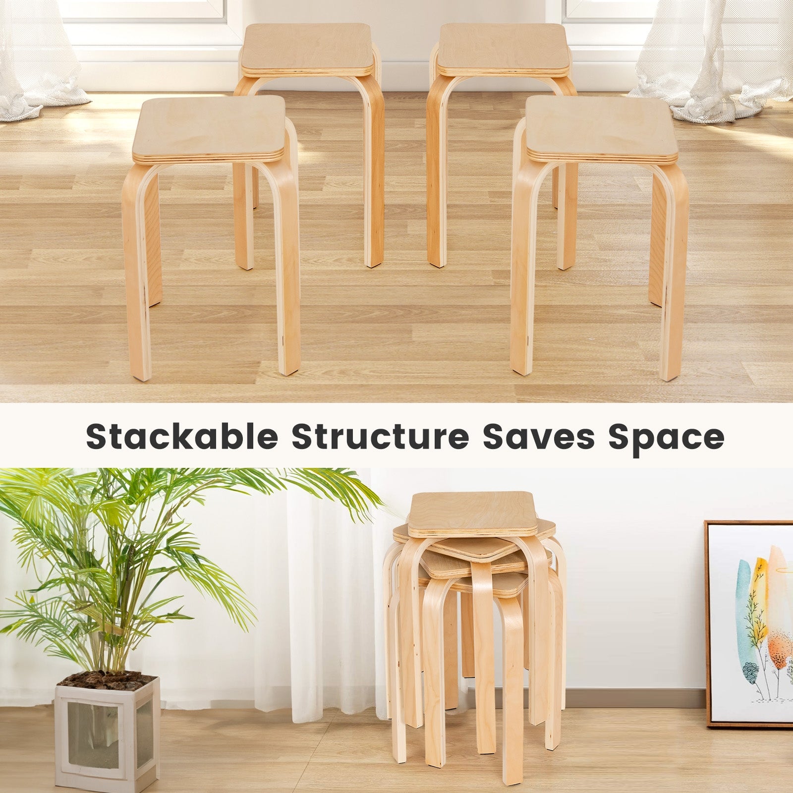 Stackable Stools Set Of 4, Square Top, Rounded Corners, Natural Dining Chairs at Gallery Canada
