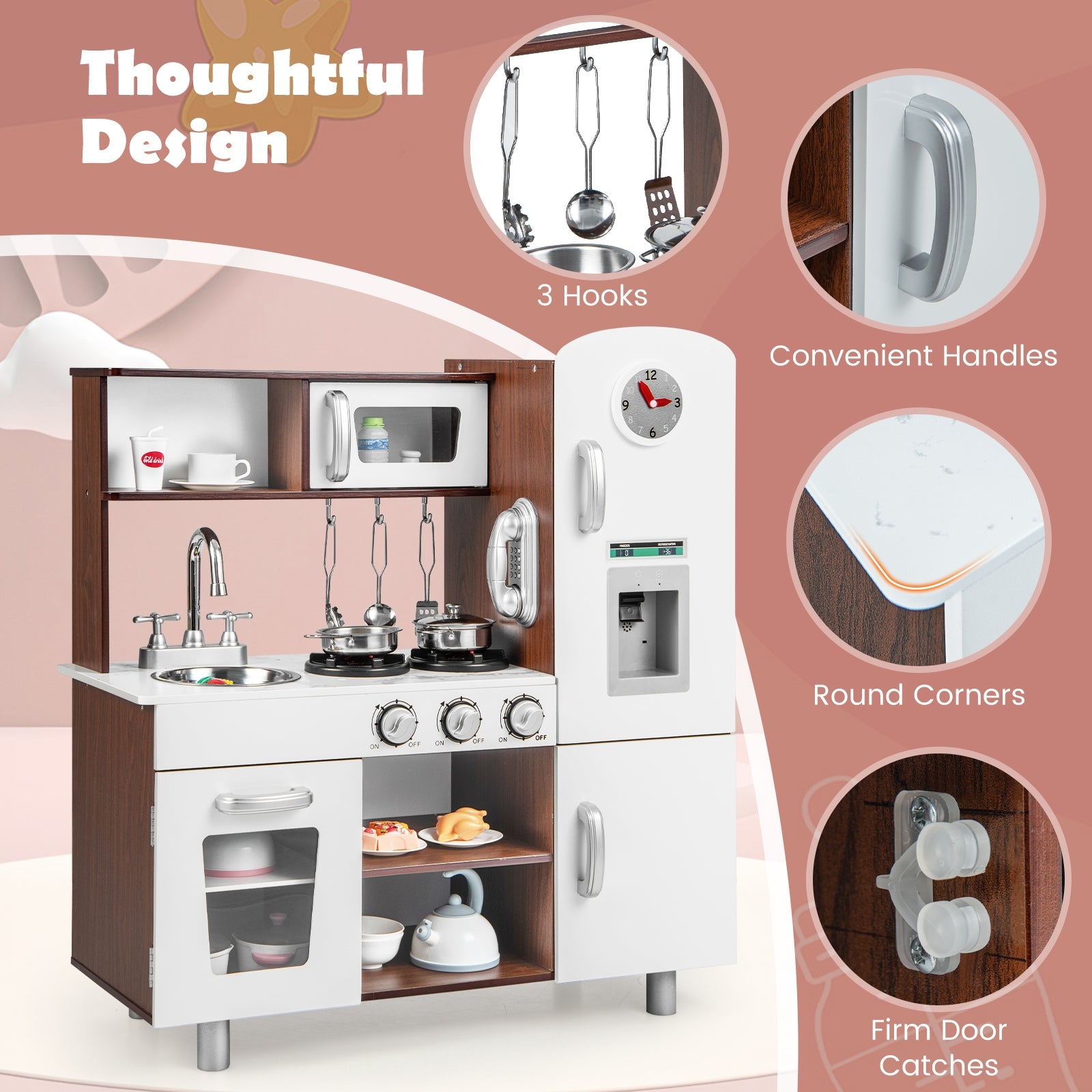 Kids Kitchen Playset with Realistic Sounds and Lights, Brown & White Play Kitchen Sets at Gallery Canada