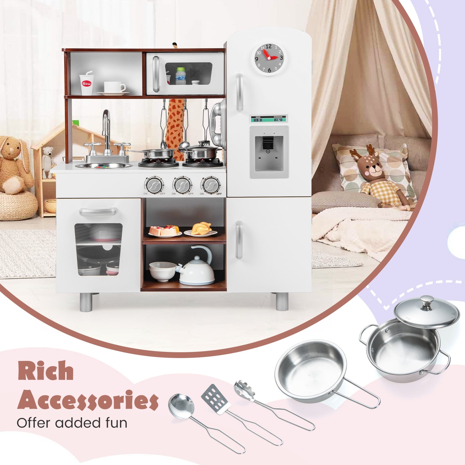 Kids Kitchen Playset with Realistic Sounds and Lights, Brown & White Play Kitchen Sets at Gallery Canada