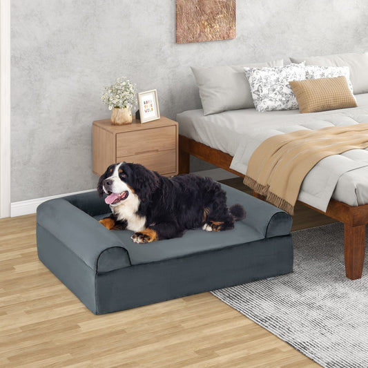 Orthopedic Dog Bed Memory Foam Pet Bed with Headrest for Large Dogs-Grey, Gray - Gallery Canada