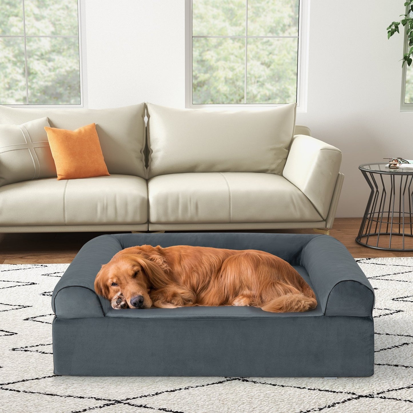 Orthopedic Dog Bed Memory Foam Pet Bed with Headrest for Large Dogs-Grey, Gray
