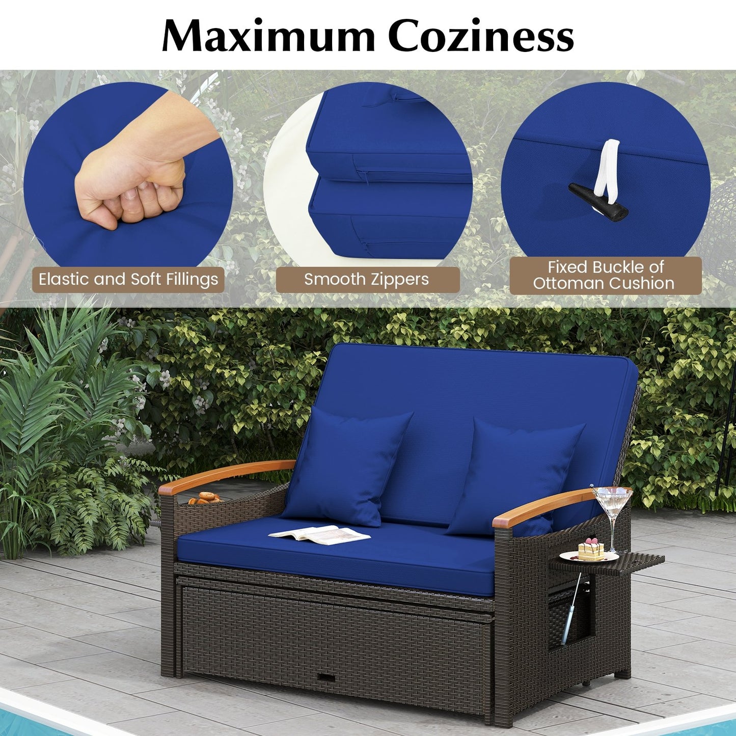 Outdoor Wicker Daybed with Folding Panels and Storage Ottoman, Navy - Gallery Canada