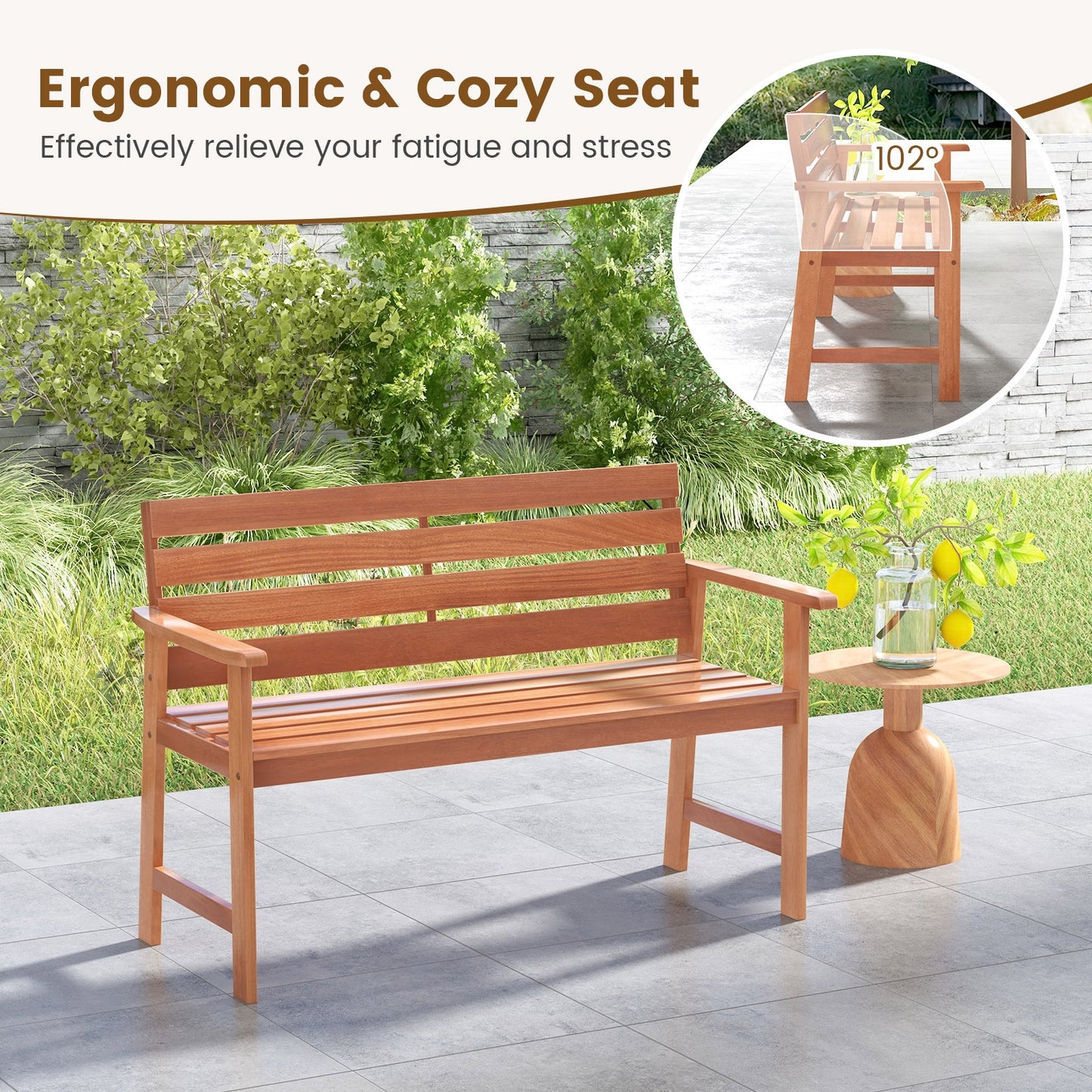Patio Solid Wood Bench Wood 2-Seat Chair with Breathable Slatted Seat & Inclined Backrest, Natural Outdoor Benches at Gallery Canada