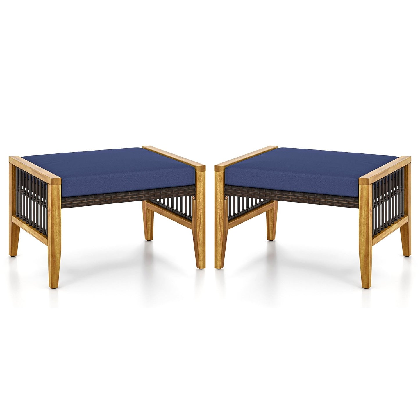 Patio Acacia Wood Ottomans with Cushions and Versatile Rattan Woven Footstools, Navy