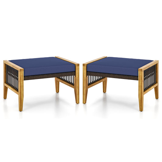 Patio Acacia Wood Ottomans with Cushions and Versatile Rattan Woven Footstools, Navy Ottomans Navy at Gallery Canada