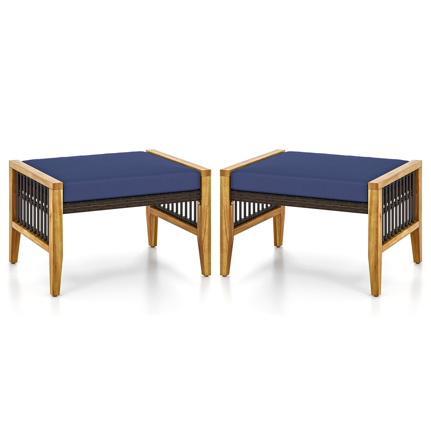Patio Acacia Wood Ottomans with Cushions and Versatile Rattan Woven Footstools, Navy Ottomans at Gallery Canada