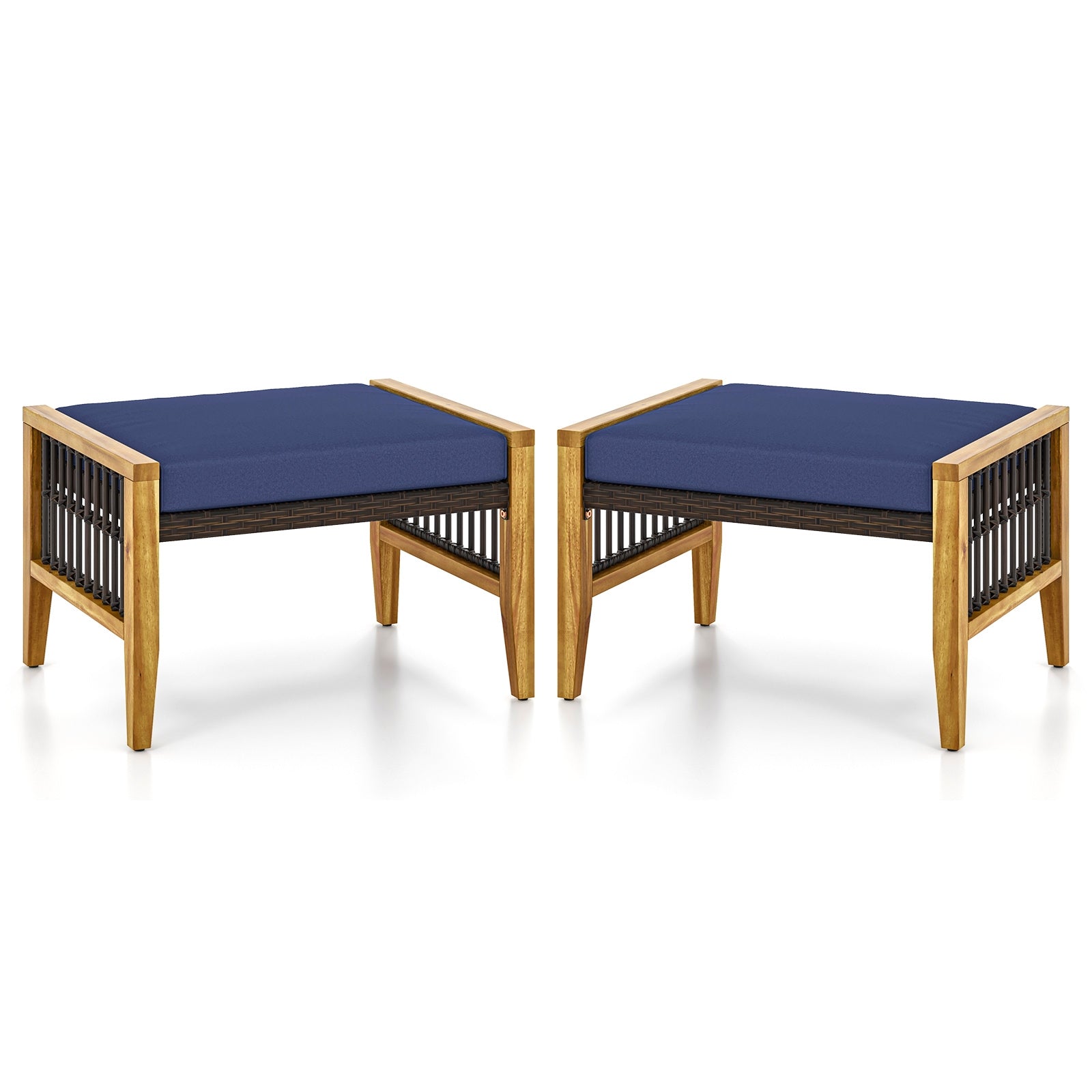Patio Acacia Wood Ottomans with Cushions and Versatile Rattan Woven Footstools, Navy Ottomans at Gallery Canada
