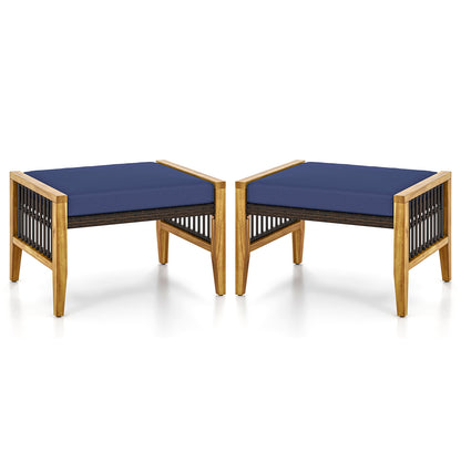 Patio Acacia Wood Ottomans with Cushions and Versatile Rattan Woven Footstools, Navy Ottomans at Gallery Canada