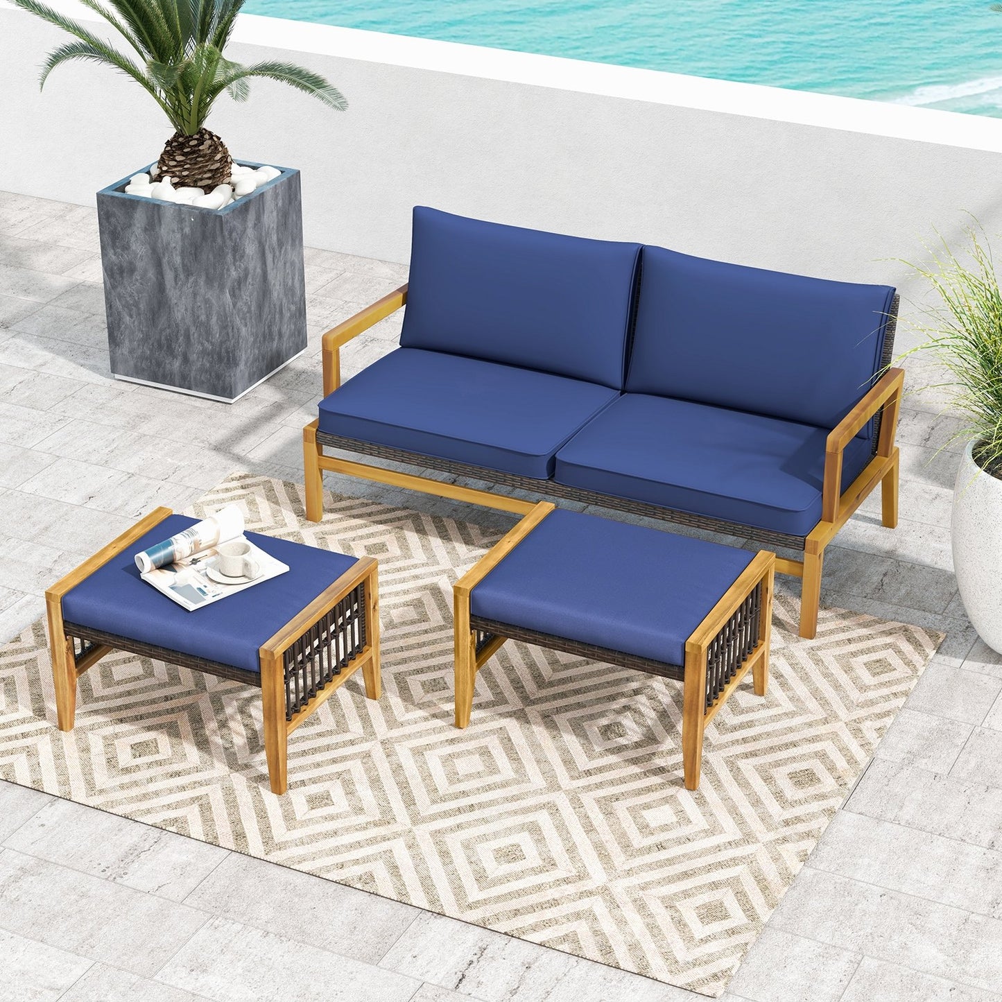 Patio Acacia Wood Ottomans with Cushions and Versatile Rattan Woven Footstools, Navy