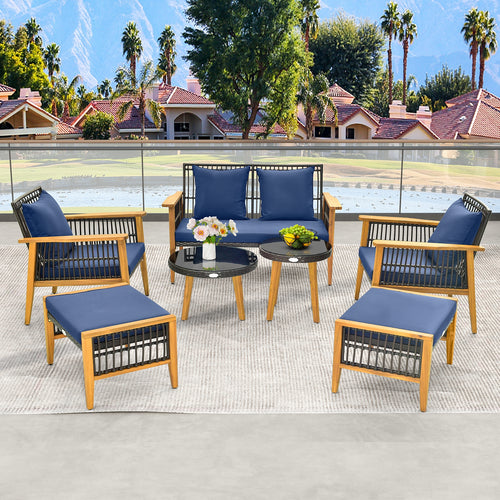 7 Piece Outdoor Conversation Set with Stable Acacia Wood Frame Cozy Seat & Back Cushions, Navy