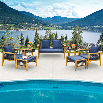 7 Piece Outdoor Conversation Set with Stable Acacia Wood Frame Cozy Seat & Back Cushions, Navy Patio Conversation Sets at Gallery Canada