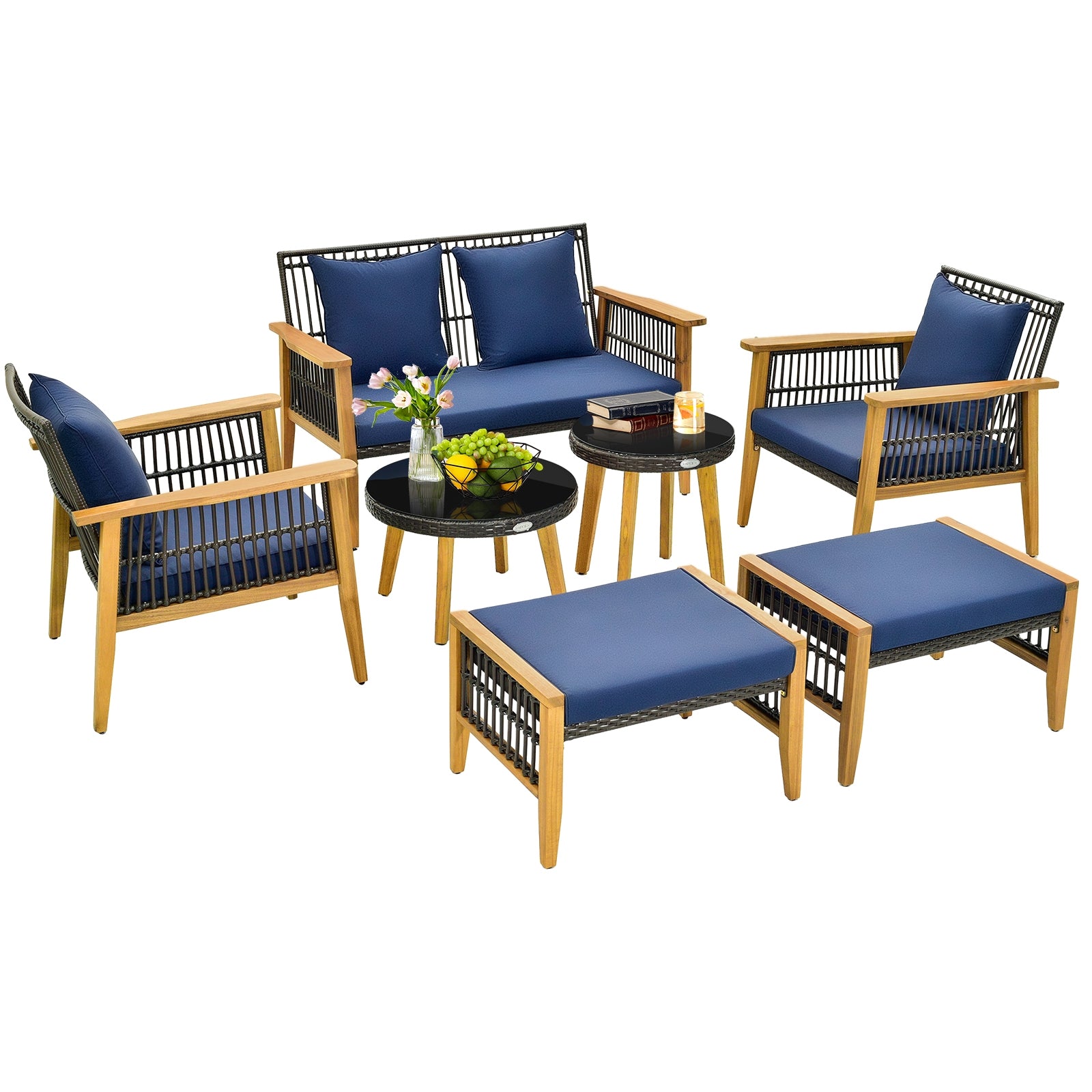7 Piece Outdoor Conversation Set with Stable Acacia Wood Frame Cozy Seat & Back Cushions, Navy Patio Conversation Sets at Gallery Canada