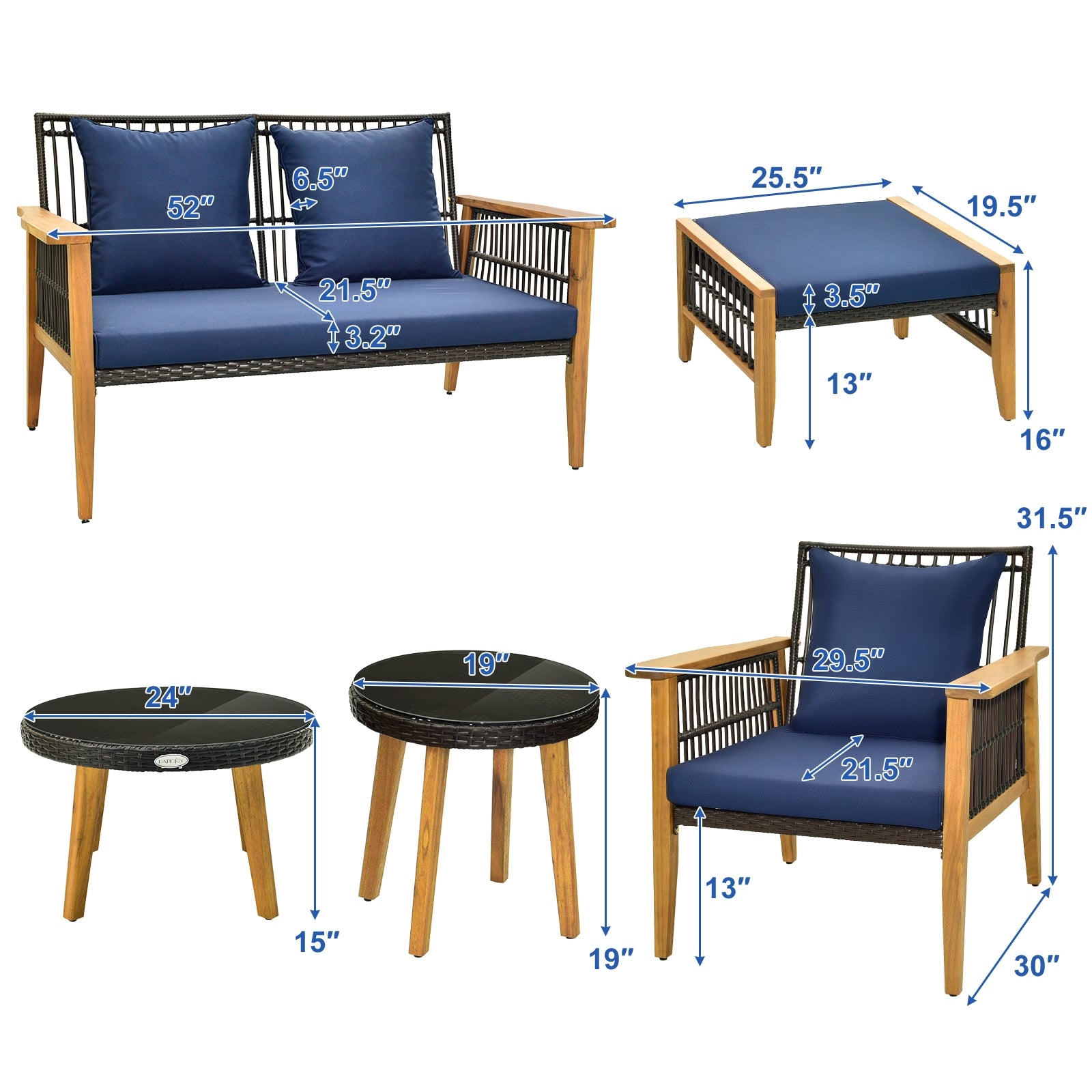 7 Piece Outdoor Conversation Set with Stable Acacia Wood Frame Cozy Seat & Back Cushions, Navy Patio Conversation Sets at Gallery Canada