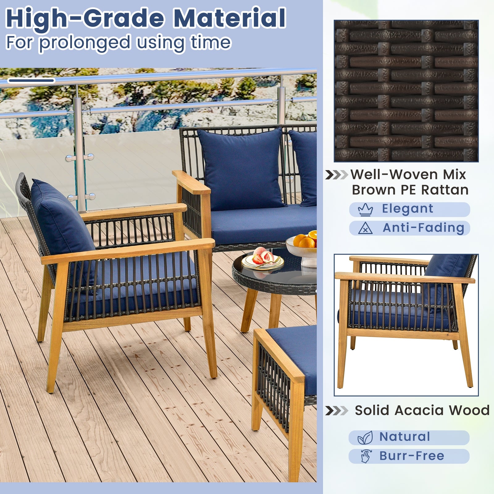 7 Piece Outdoor Conversation Set with Stable Acacia Wood Frame Cozy Seat & Back Cushions, Navy Patio Conversation Sets at Gallery Canada