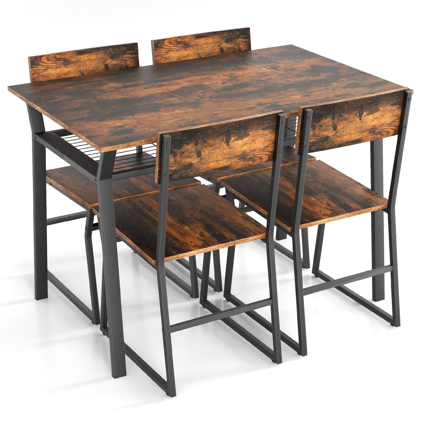 5 Piece Dining Table Set with Storage Rack and Metal Frame, Coffee