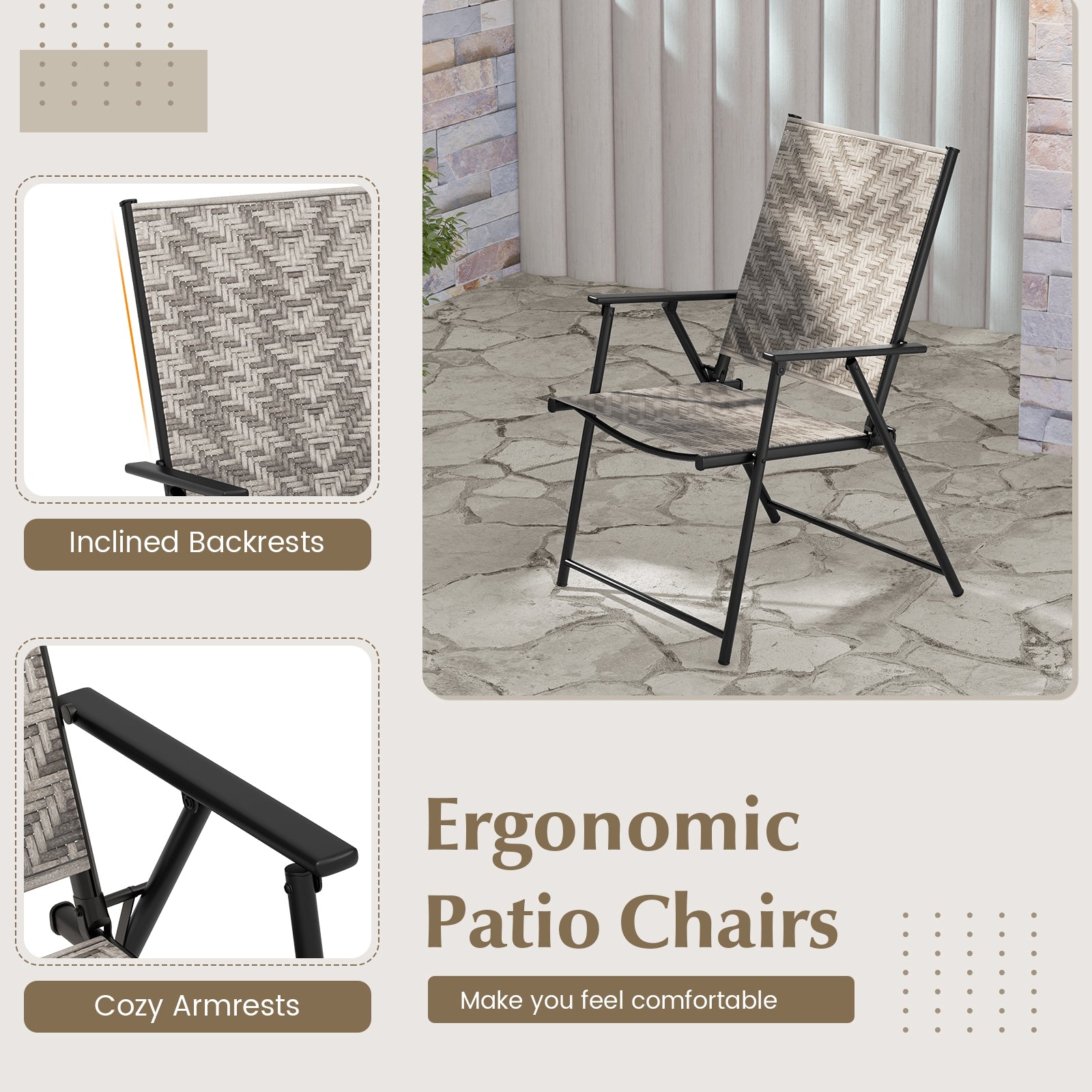 4 Folding Patio Chairs, Armrests, Portable Lawn Chairs, Gray Patio Dining Chairs at Gallery Canada