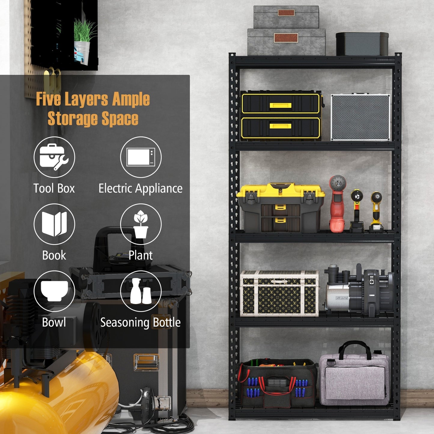 5-Tier Metal Shelving Unit with Anti-slip Foot Pad Height Adjustable Shelves for Garage-S, Black Garages at Gallery Canada