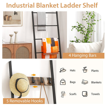 Wall-Leaning Decorative Blanket Holder with 5 Removable Hooks, Rustic Brown