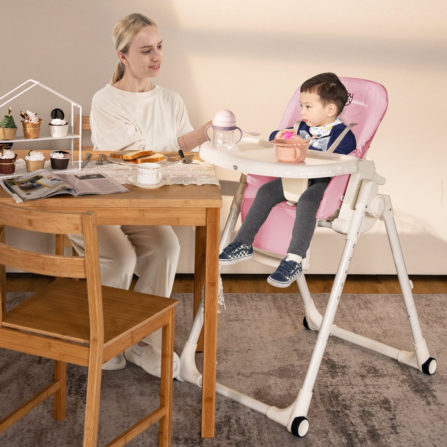 4-in-1 Baby High Chair with 6 Adjustable Heights, Pink