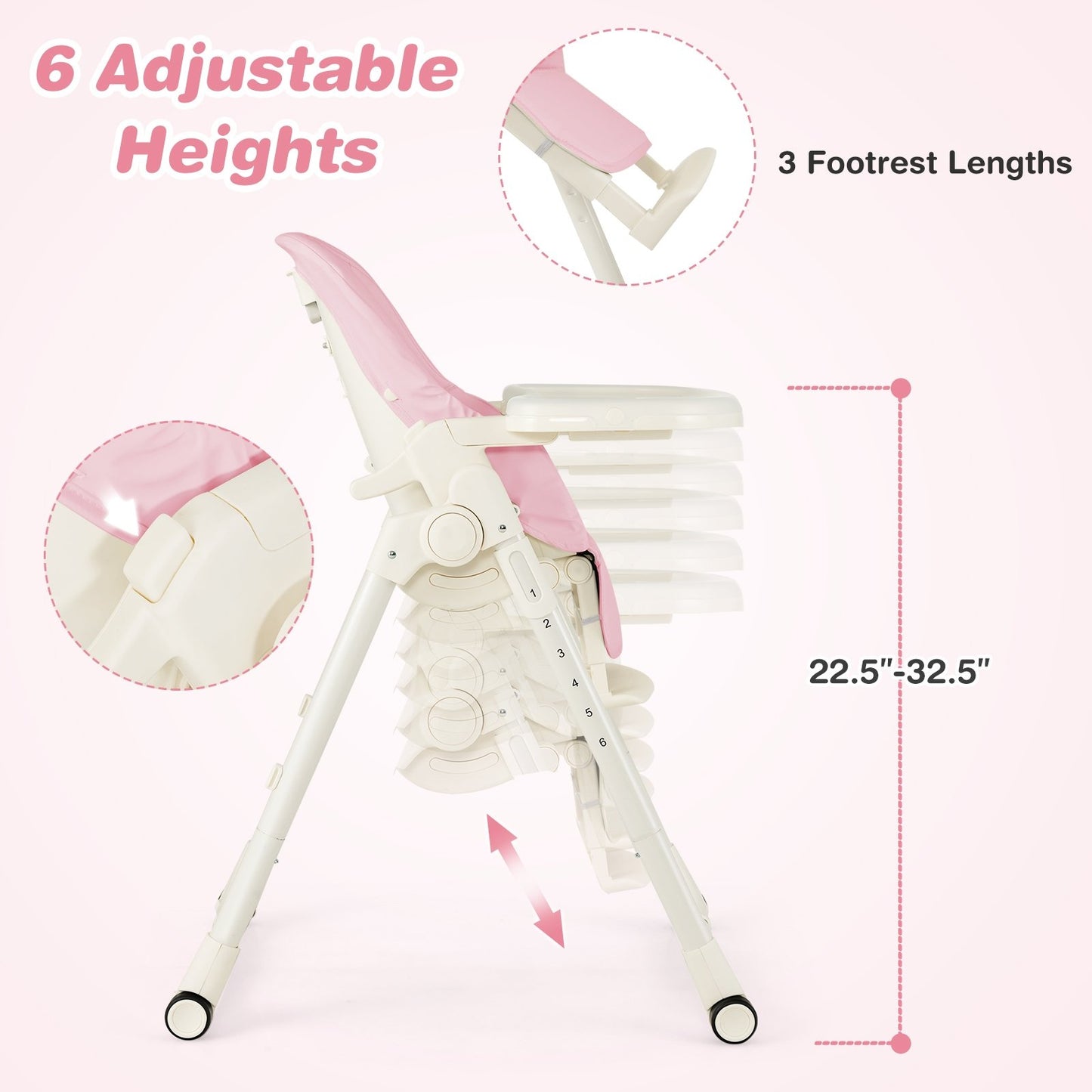 4-in-1 Baby High Chair with 6 Adjustable Heights, Pink