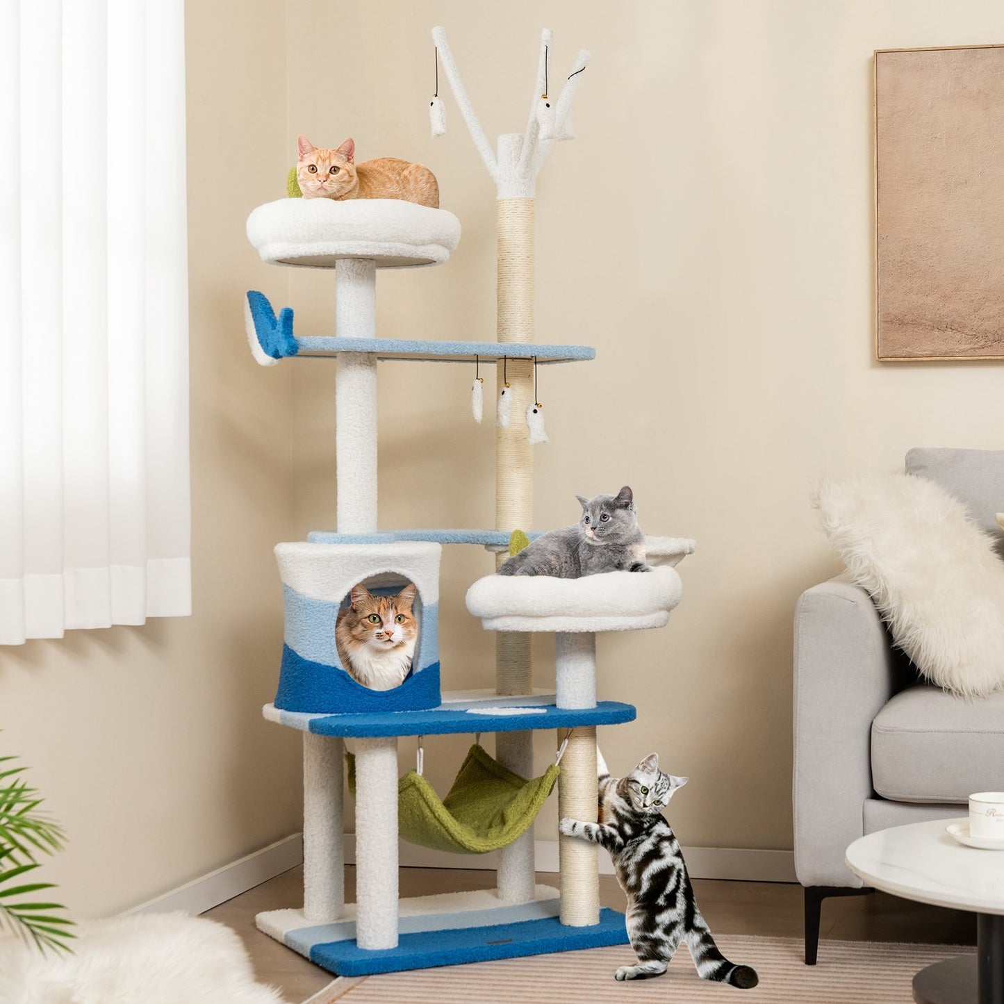 Multi-level Cat Tower with Sisal Covered Scratching Posts, Blue