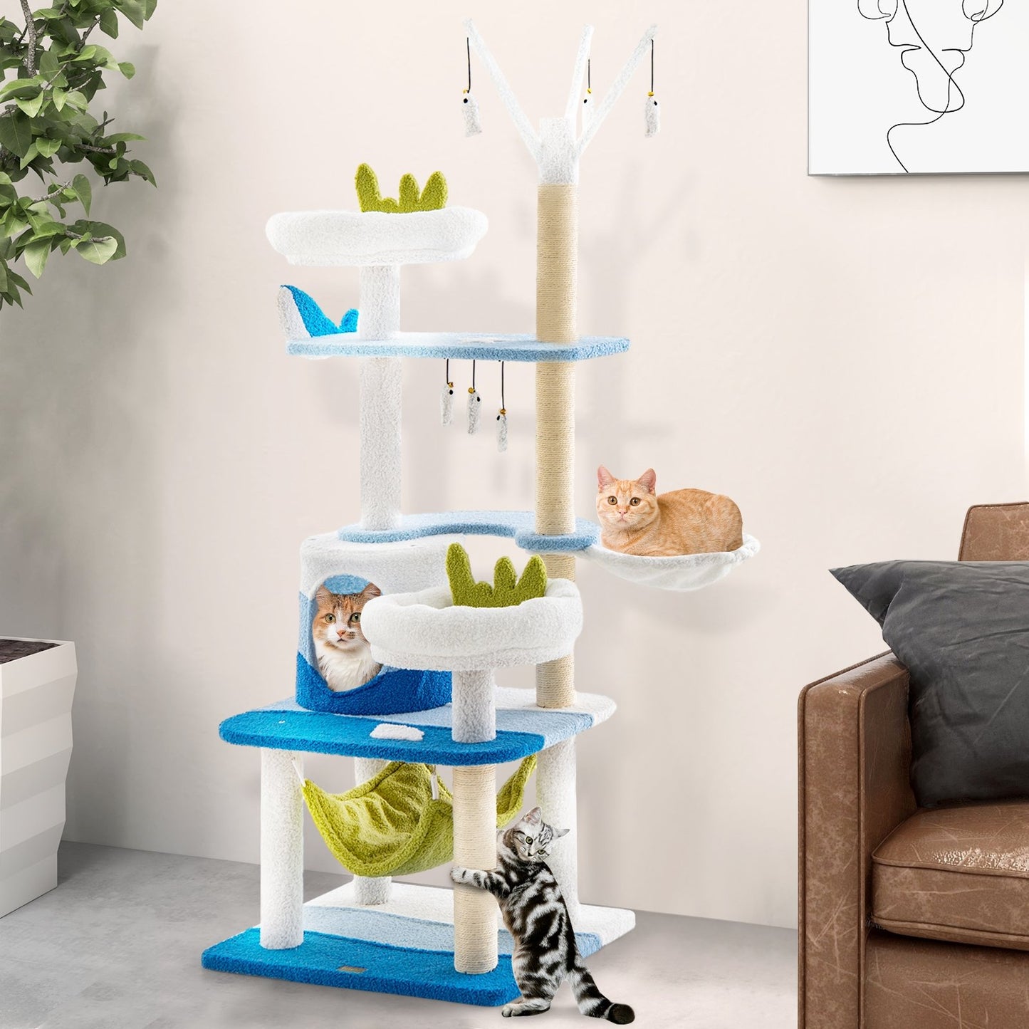 Multi-level Cat Tower with Sisal Covered Scratching Posts, Blue - Gallery Canada
